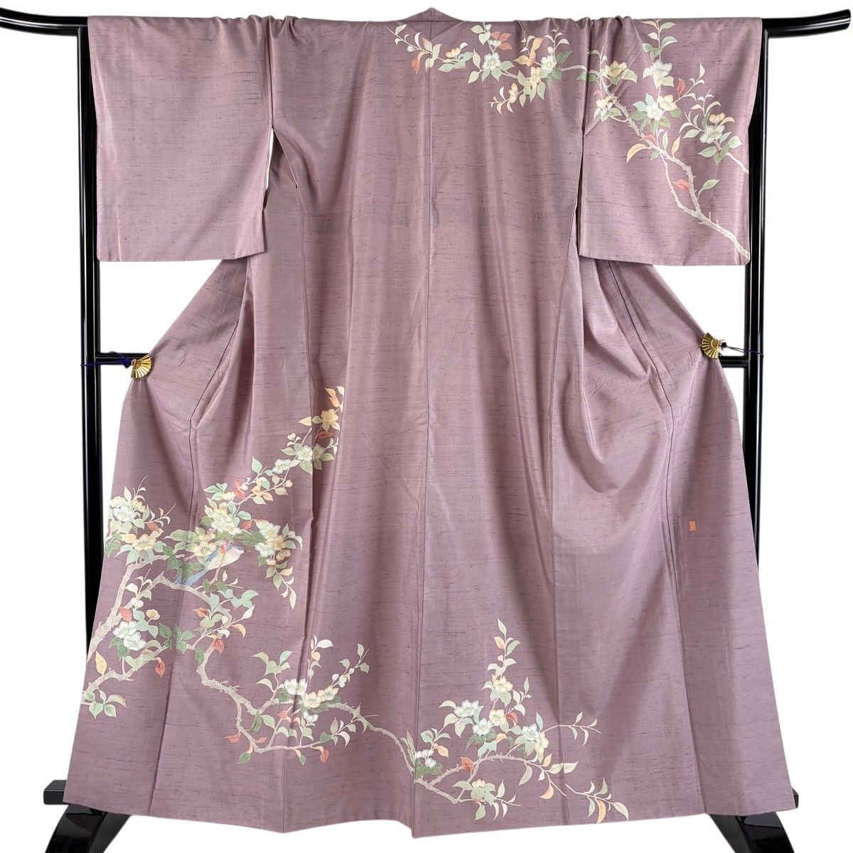 訪問着 身丈163cm 裄丈69cm L 袷 紬地 落款 枝花 鳥 薄紫 正絹 秀品 【中古】