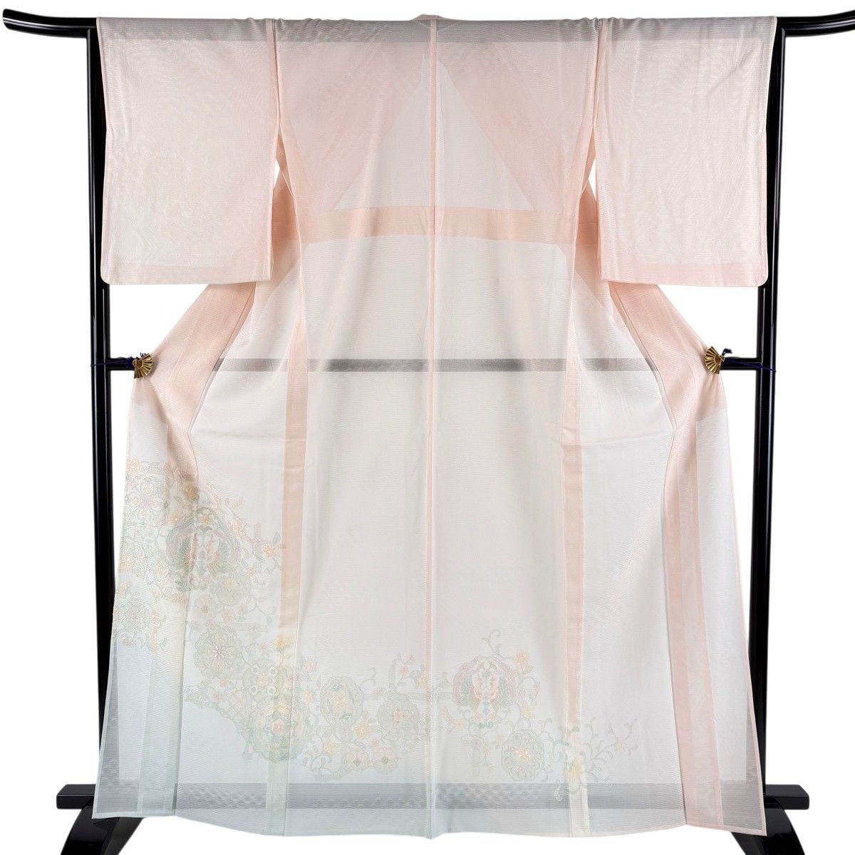 【美品】 付下げ 身丈163.5cm 裄丈66cm M 薄物 向かい鳥 華文 刺繍 染め分け 薄ピンク 正絹 秀品 【中古】