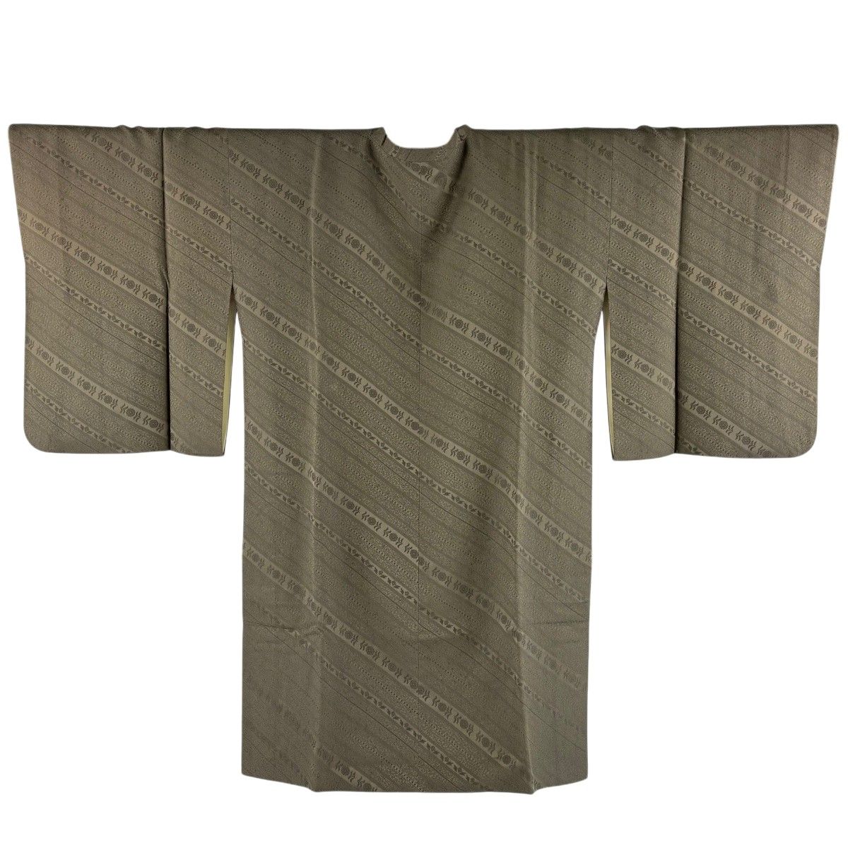 道行 身丈100cm 裄丈65cm M 和装コート 角衿 草花 斜縞 茶緑色 正絹 秀品 【中古】