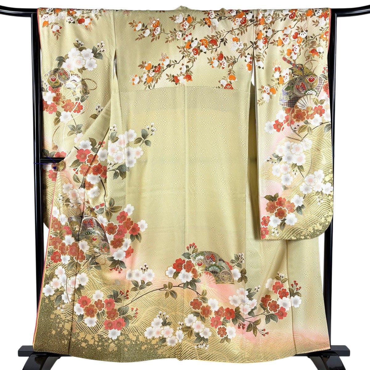 振袖 身丈160cm 裄丈66cm M 袷 桂由美 落款 扇面 桜 金彩 染め分け 抹茶色 正絹 秀品 【中古】