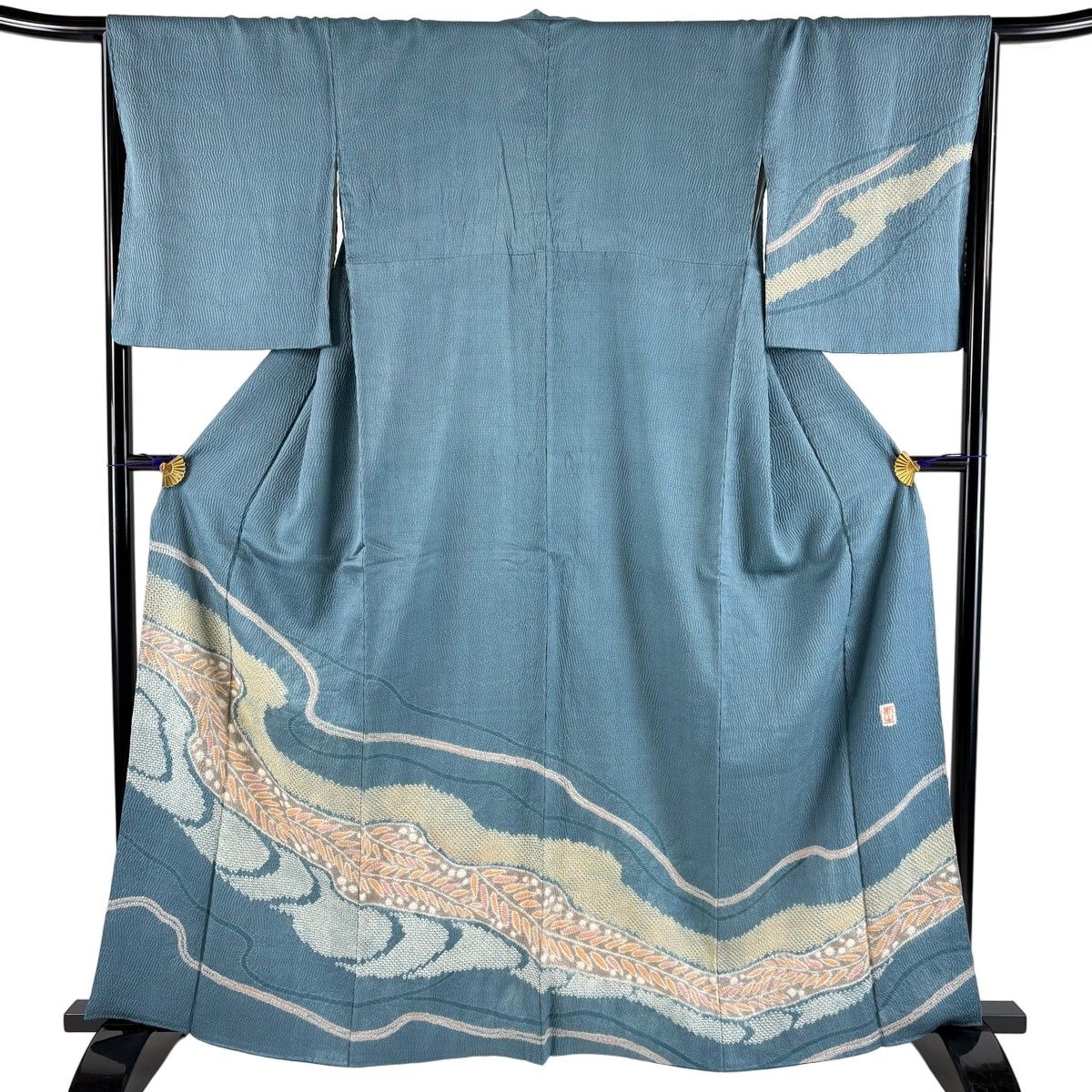 訪問着 身丈163cm 裄丈68.5cm L 袷 落款 霞 葉柄 絞り 青灰色 正絹 秀品 【中古】