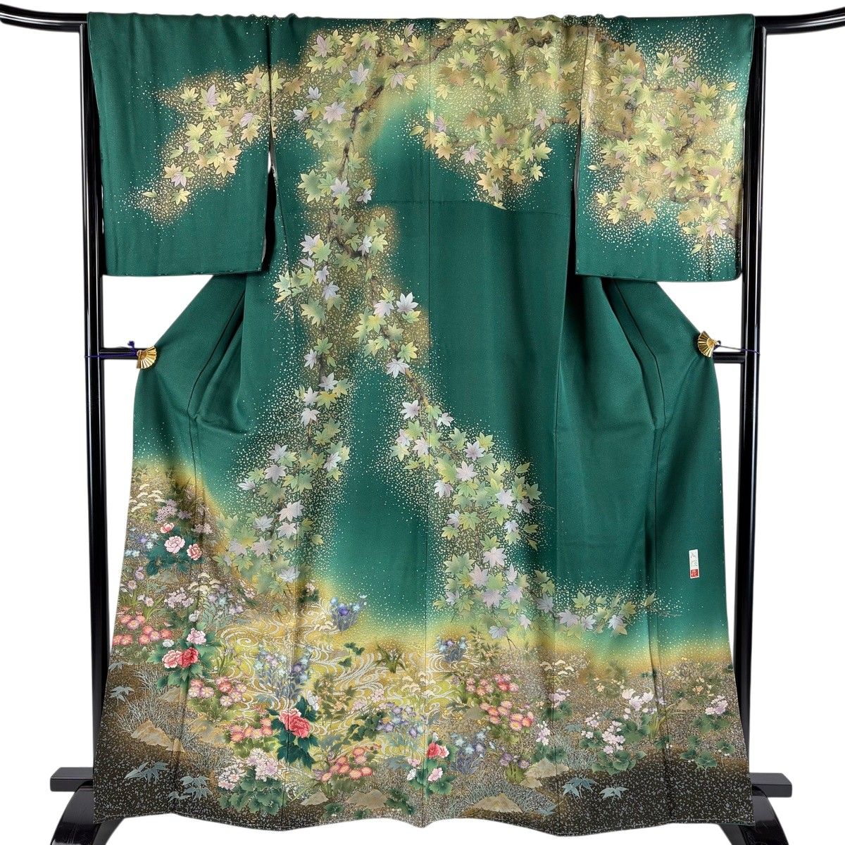 訪問着 身丈164.5cm 裄丈70.5cm L 袷 落款 草花 流水 金通し 刺繍 緑 正絹 秀品 【中古】