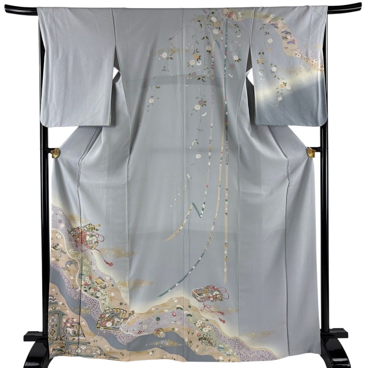 訪問着 身丈170cm 裄丈67.5cm L 袷 鼓 花鳥 金銀彩 ぼかし 青
