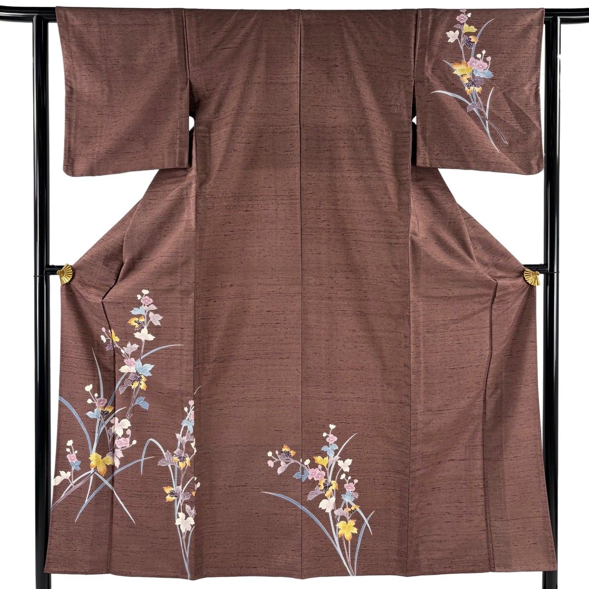 付下げ 身丈152cm 裄丈63cm S 単衣 紬地 草花 小豆色 正絹 秀品 【中古】