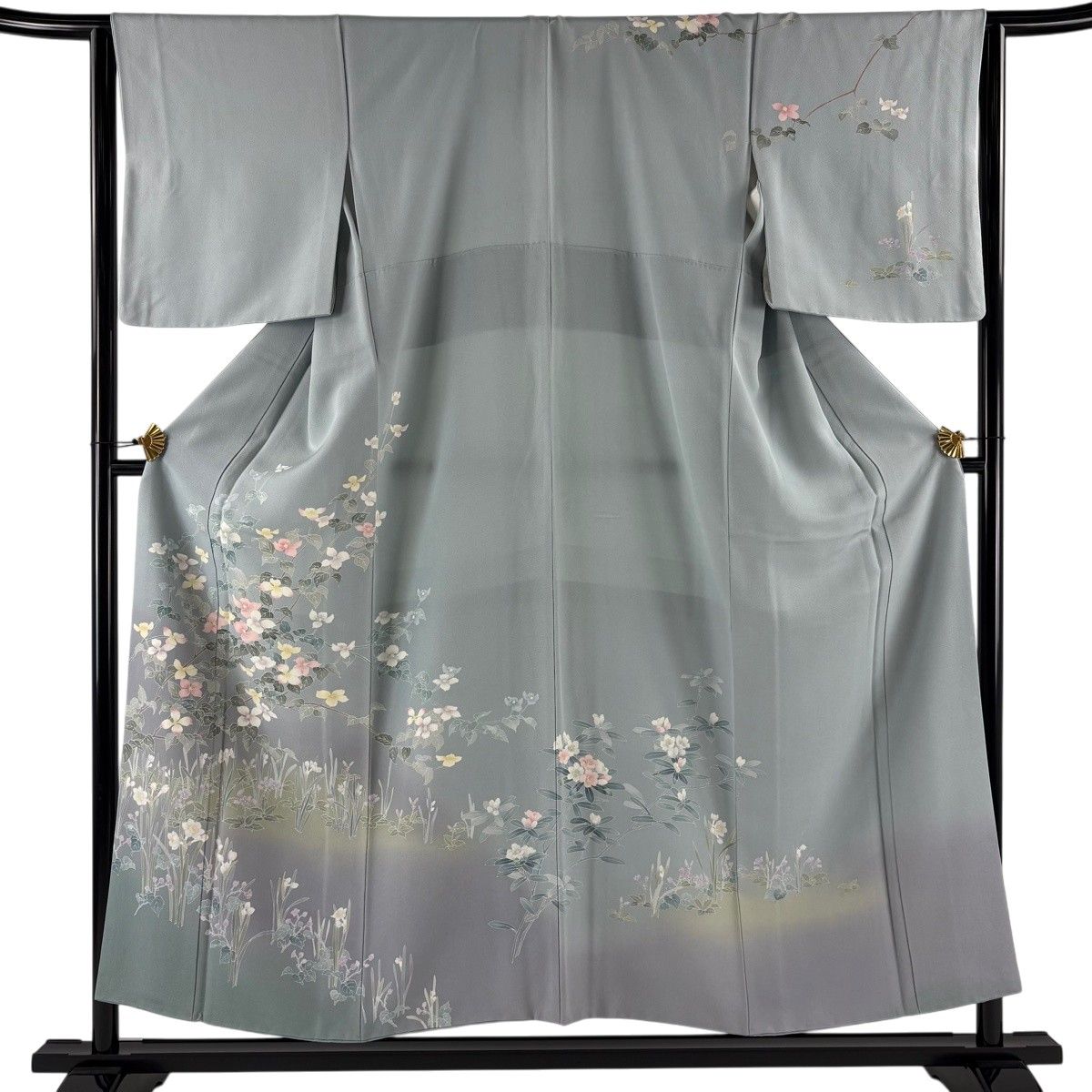 訪問着 身丈153cm 裄丈64.5cm M 袷 枝花 草花 ぼかし 灰緑 正絹 秀品 【中古】