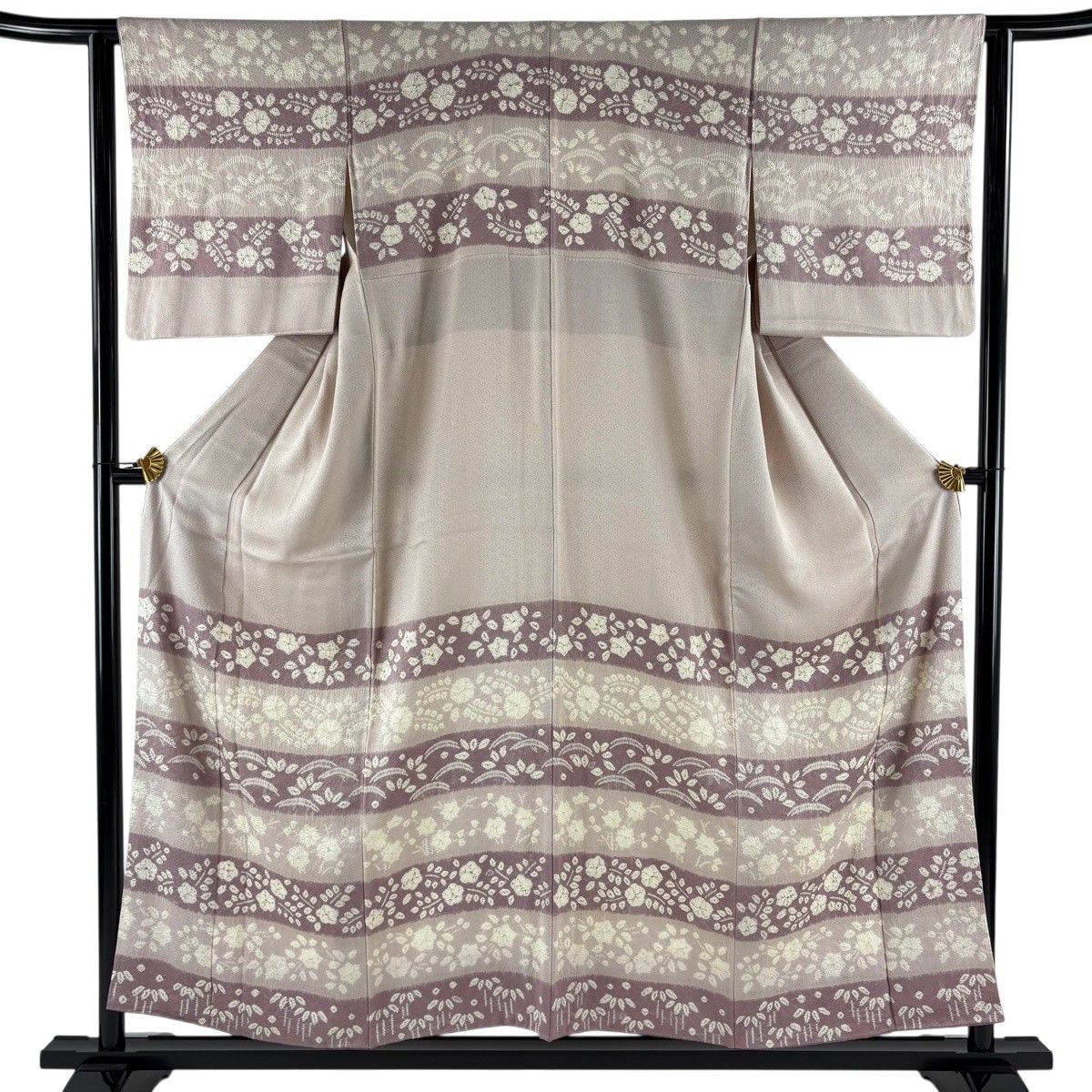訪問着 身丈154.5cm 裄丈62.5cm S 袷 草花 芝 絞り 灰紫 正絹 秀品 【中古】