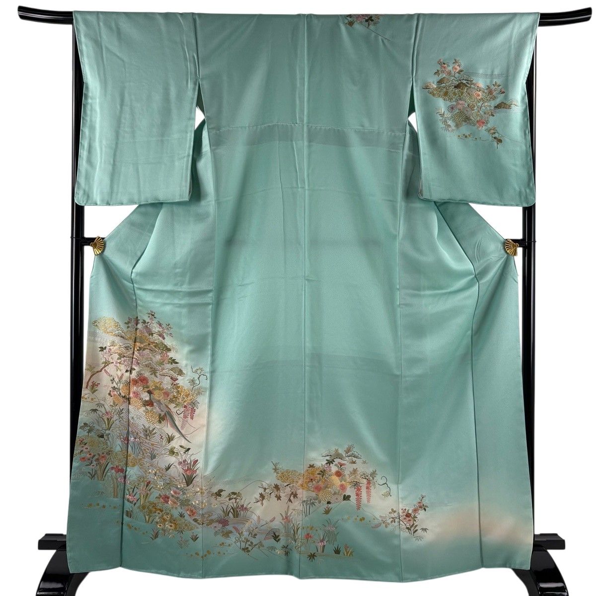 【美品】 訪問着 身丈168cm 裄丈67cm M 袷 花鳥 松 刺繍 金彩 薄緑 正絹 秀品 【中古】