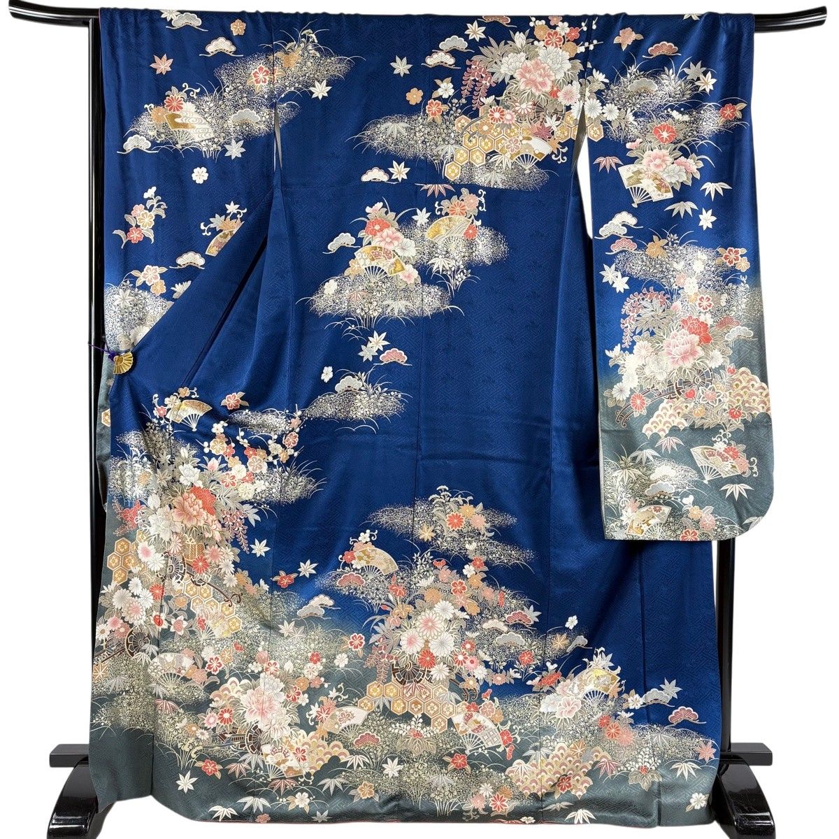 振袖 身丈172cm 裄丈68cm L 袷 花車 扇 金糸 金彩 紺色 正絹 秀品 【中古】