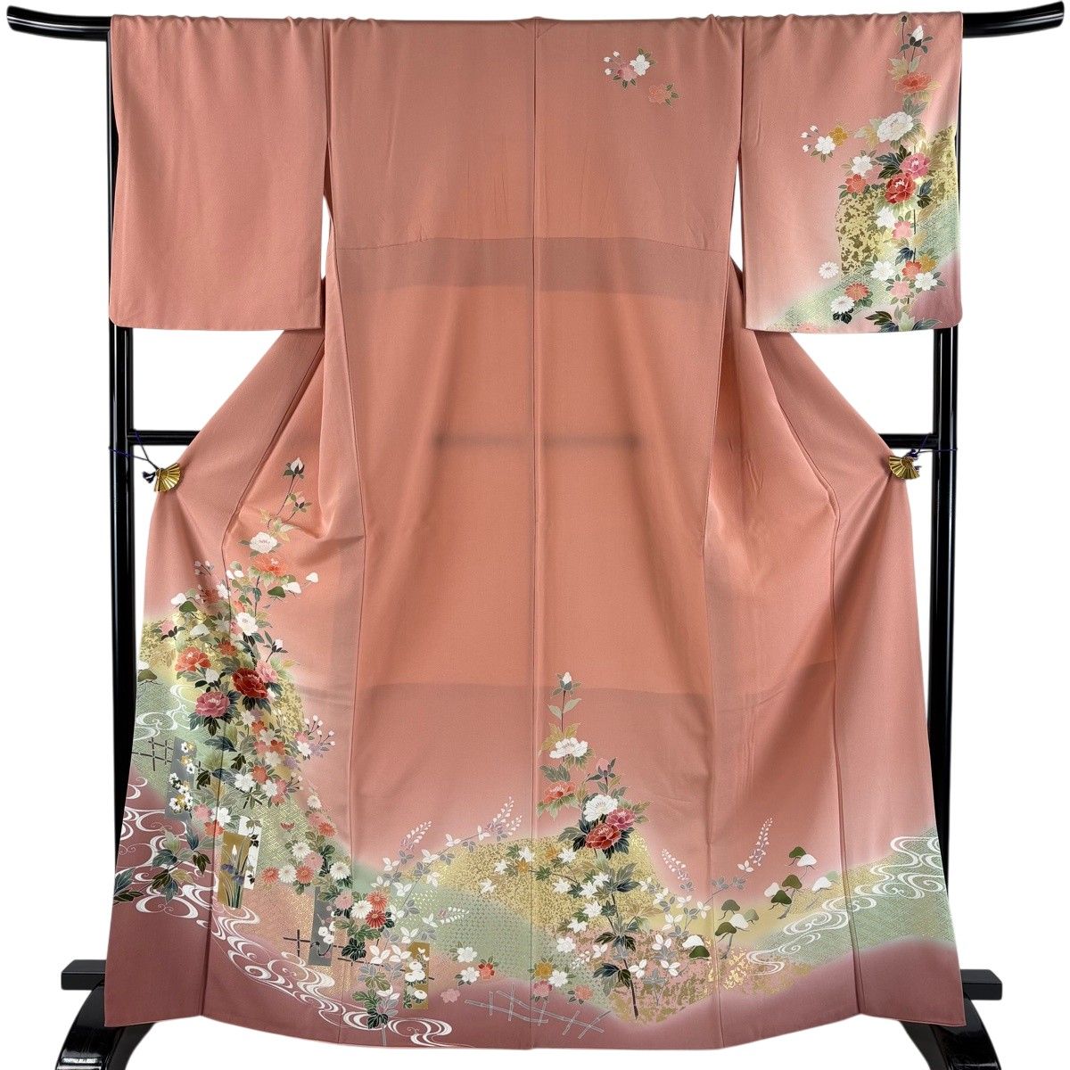 【美品】 訪問着 身丈157cm 裄丈65.5cm M 袷 牡丹 観世水 金彩 ぼかし ピンク 正絹 秀品 【中古】