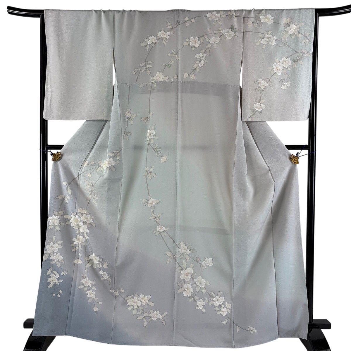 訪問着 身丈166.5cm 裄丈67cm M 袷 枝花 染め分け ぼかし 青灰色 正絹 秀品 【中古】