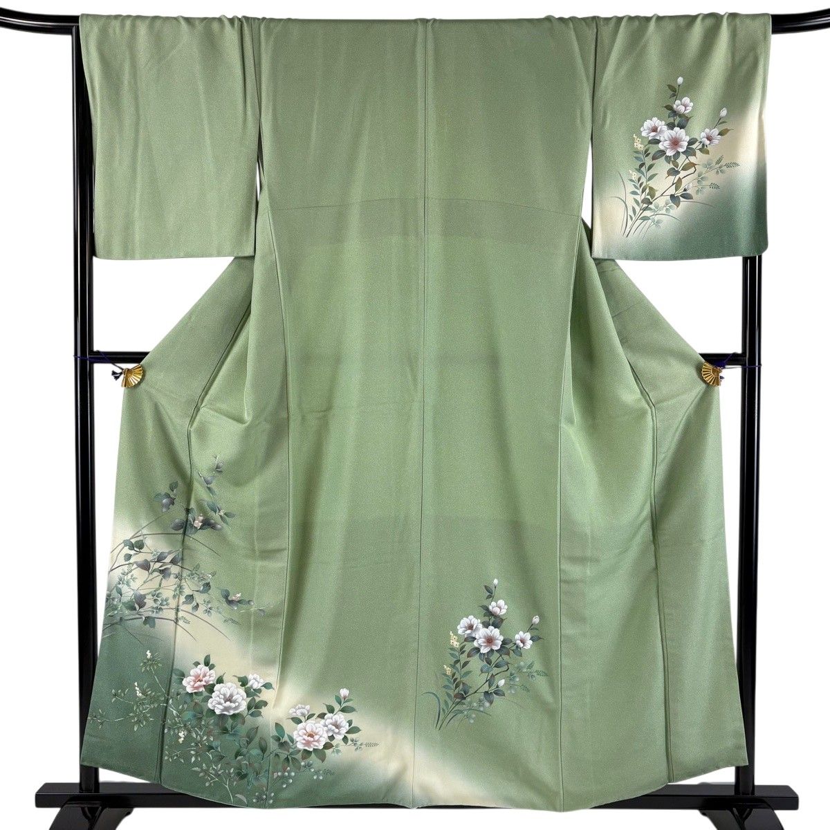 訪問着 身丈159cm 裄丈68.5cm L 袷 枝花 萩 金彩 ぼかし 薄緑 正絹 秀品 【中古】