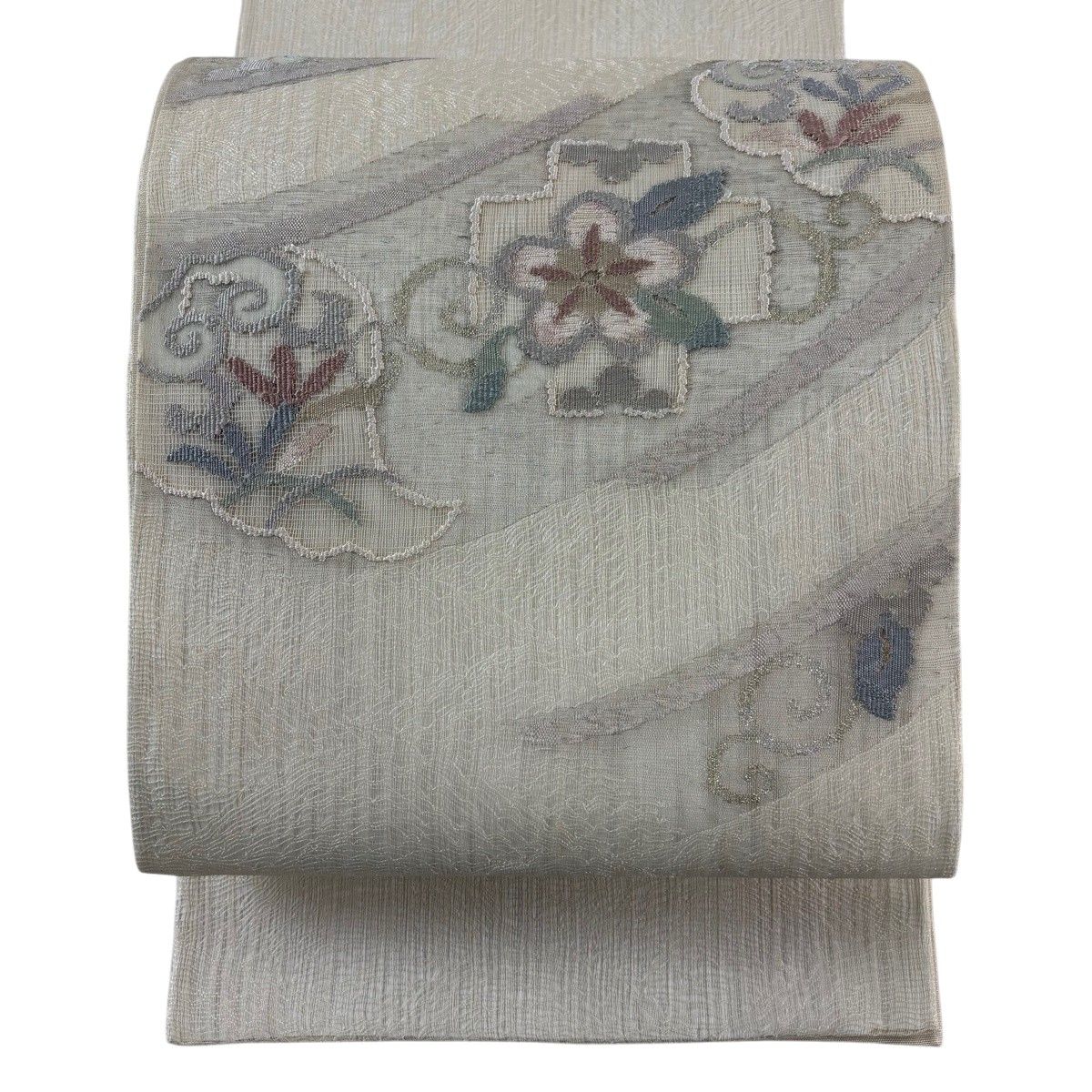 【美品】 袋帯 秀品 夏帯 草花 花唐草 金銀糸 クリーム お太鼓柄 正絹 【中古】