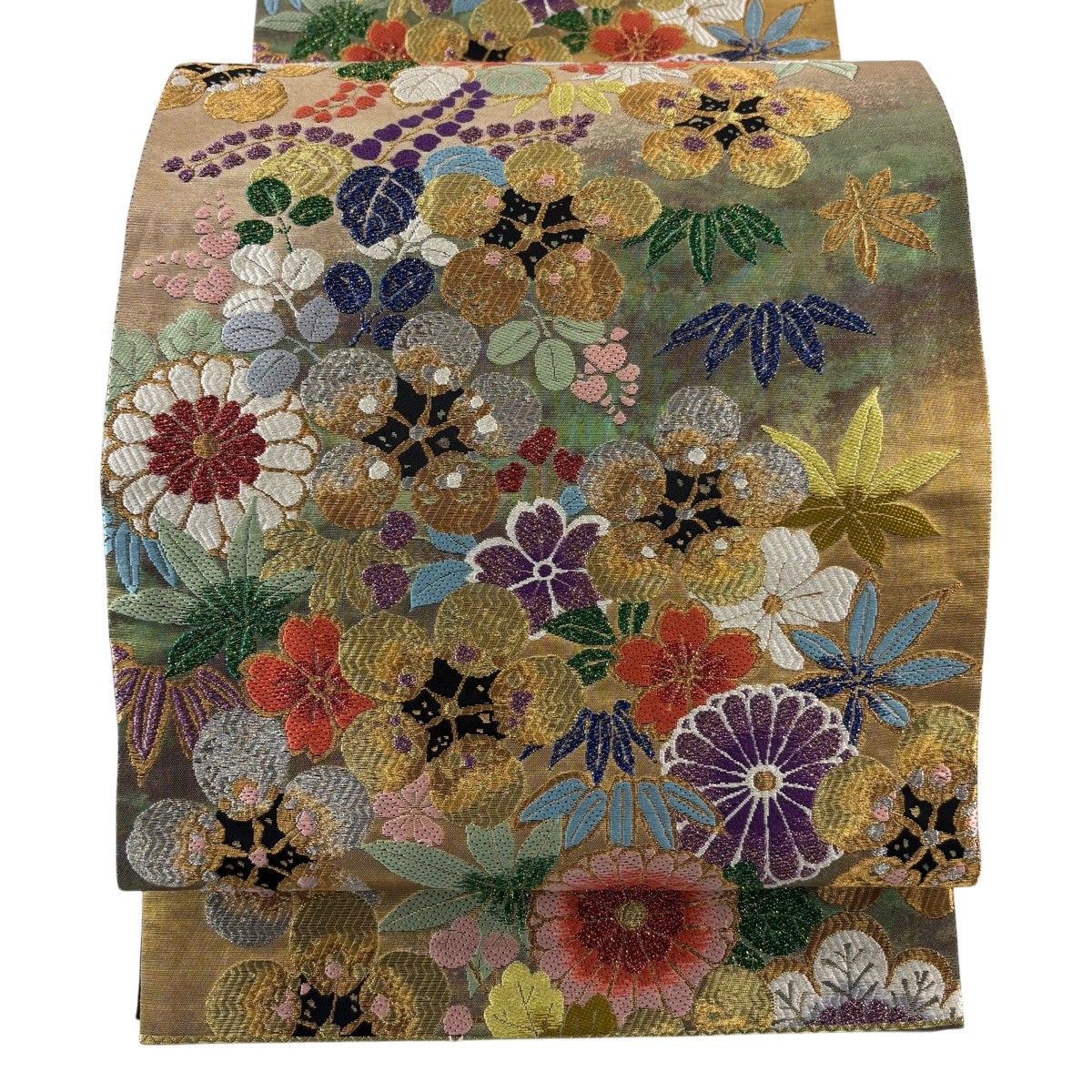 【美品】 袋帯 秀品 松竹梅 菊 箔 金銀糸 薄茶色 六通 正絹 【中古】