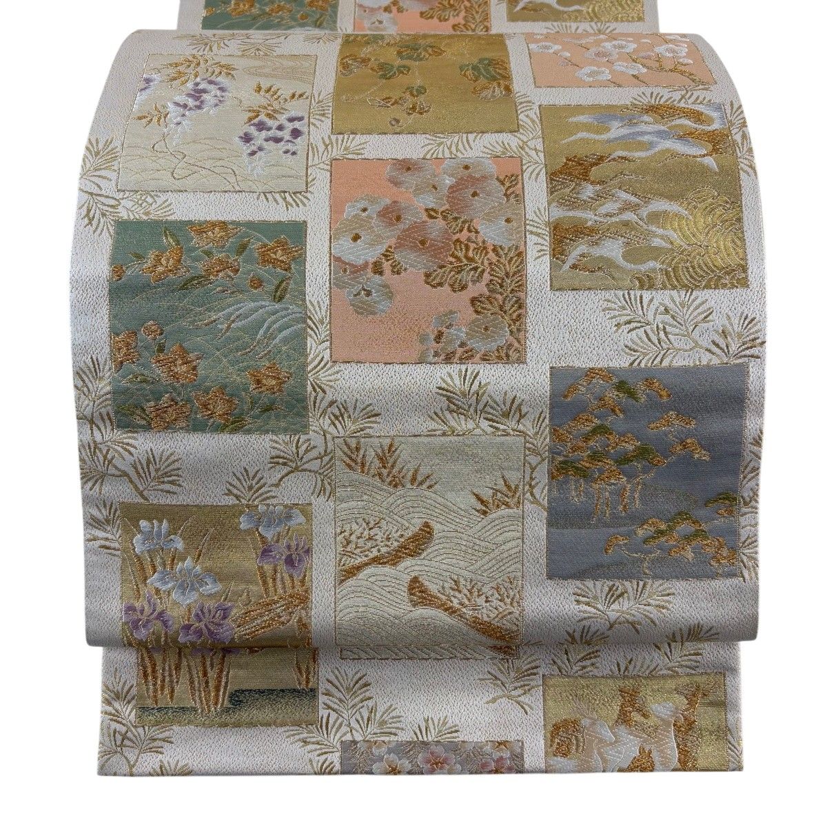 【美品】 袋帯 秀品 色紙 草花 箔 金糸 クリーム 六通 正絹 【中古】