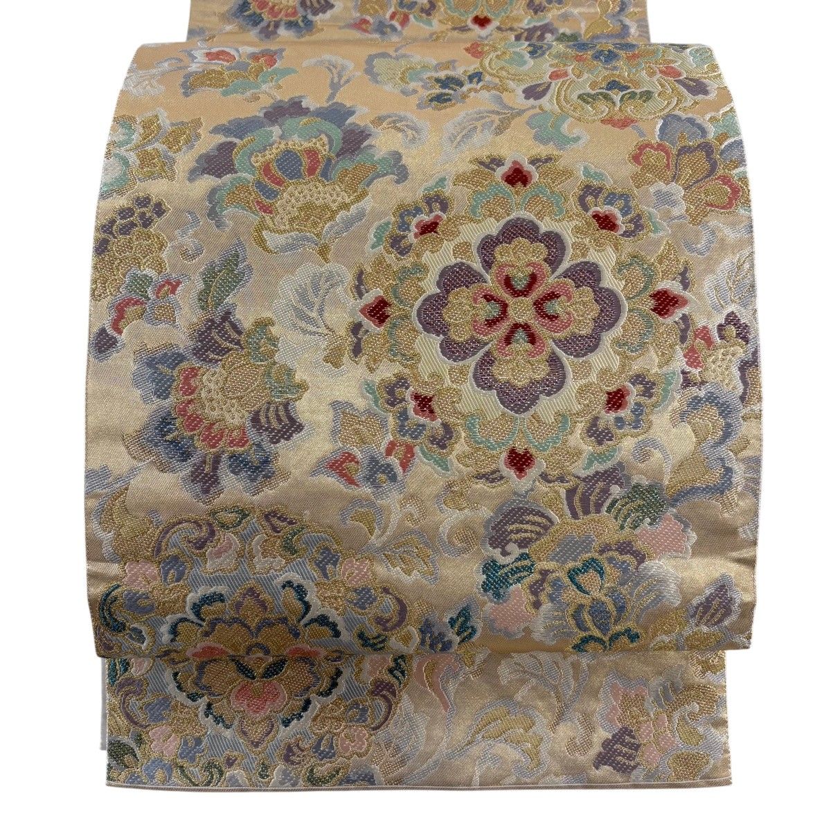 【美品】 袋帯 秀品 華文 草花 箔 金糸 ベージュ 六通 正絹 【中古】
