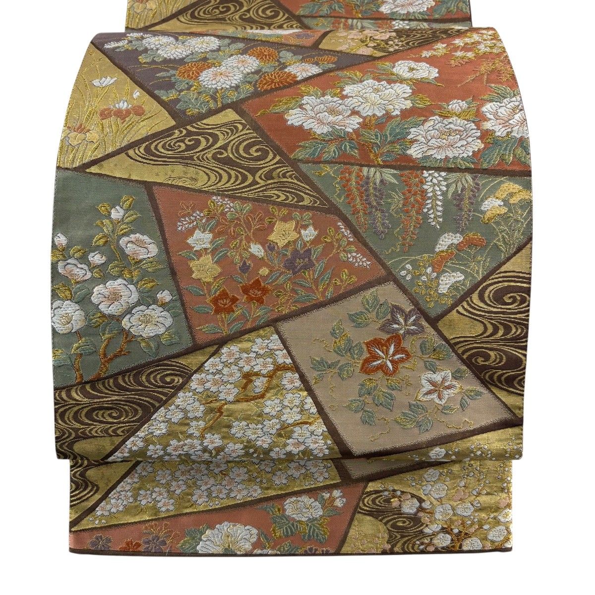 【美品】 袋帯 秀品 草花 流水 箔 金糸 茶色 六通 正絹 【中古】