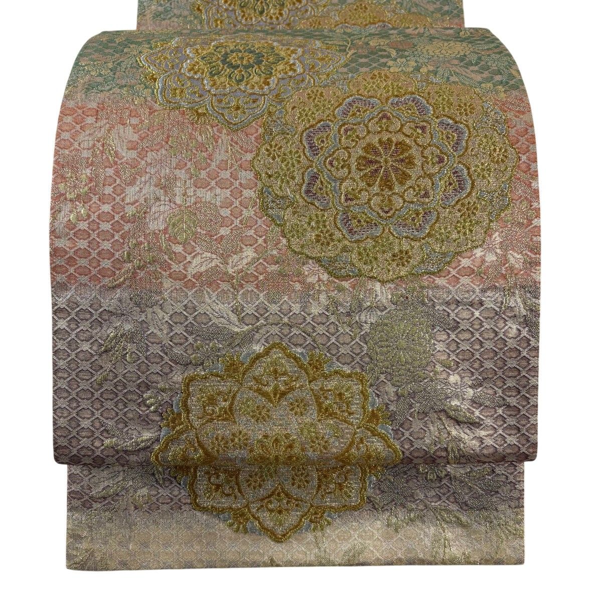 【美品】 袋帯 秀品 華文 桜 箔 金銀糸 薄茶色 六通 正絹 【中古】