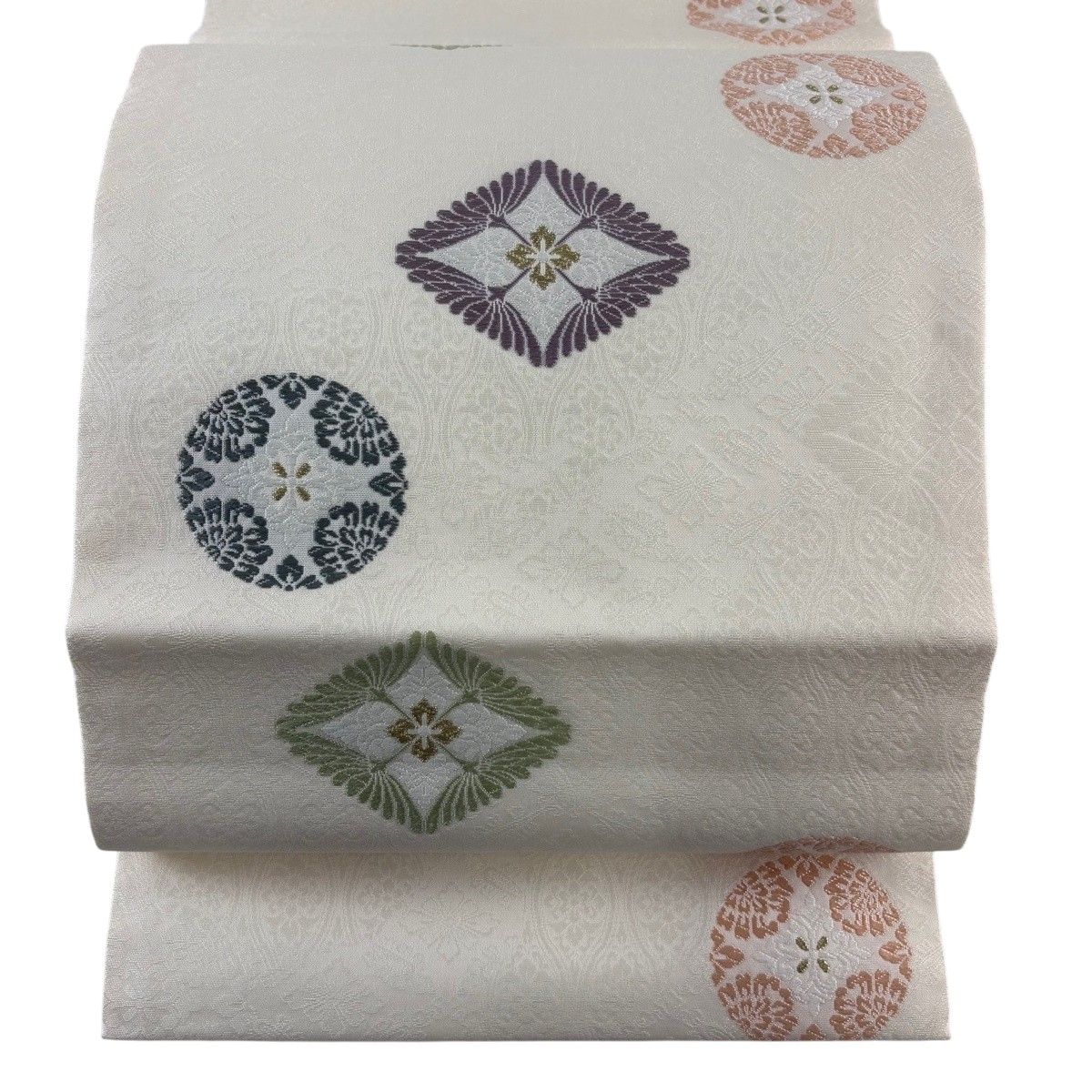 【美品】 開き名古屋帯 秀品 やまと 丸文 花 金糸 クリーム 正絹 【中古】