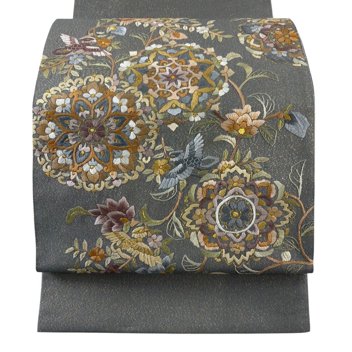 【美品】 袋帯 秀品 華文 花喰い鳥 箔 刺繍 灰色 お太鼓柄 正絹 【中古】