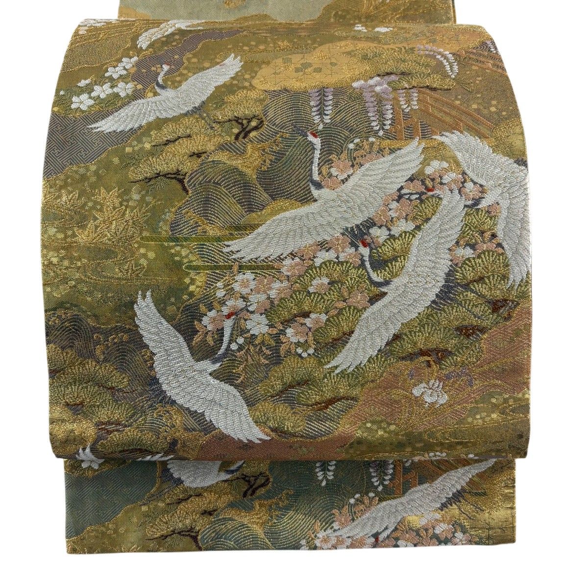 【美品】 袋帯 秀品 吉祥瑞鶴文 瑞祥秀麗文 箔 金糸 金色 お太鼓柄 正絹 【中古】