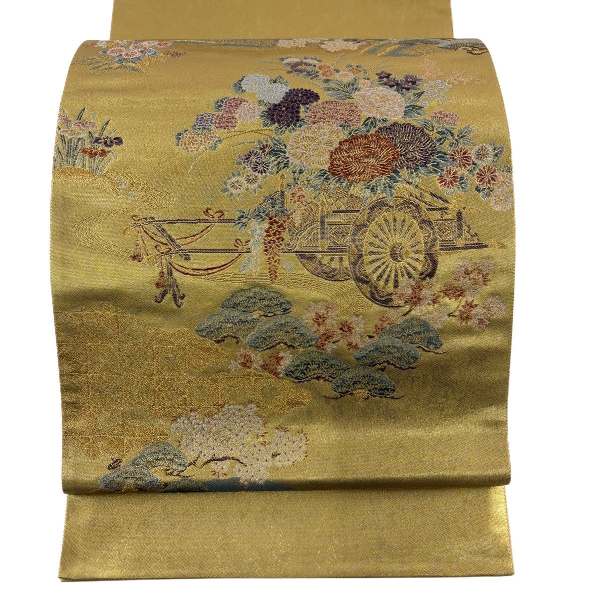 【美品】 袋帯 秀品 本金二重引箔 花車草花文 金糸 金色 お太鼓柄 正絹 【中古】