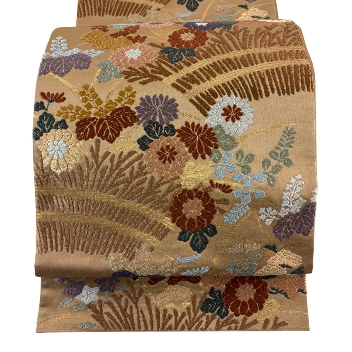 【美品】 袋帯 秀品 関西仕立て 草花 芝 唐織 箔 薄茶色 六通 正絹 【中古】