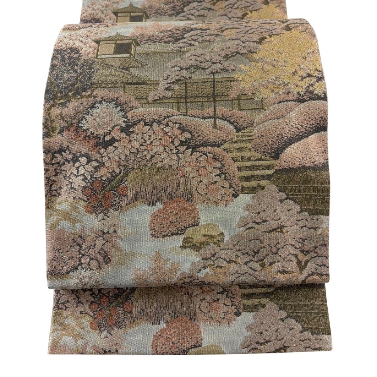 【美品】 袋帯 秀品 落款 萬葉 建物 樹木 薄ピンク 全通 正絹 【中古】