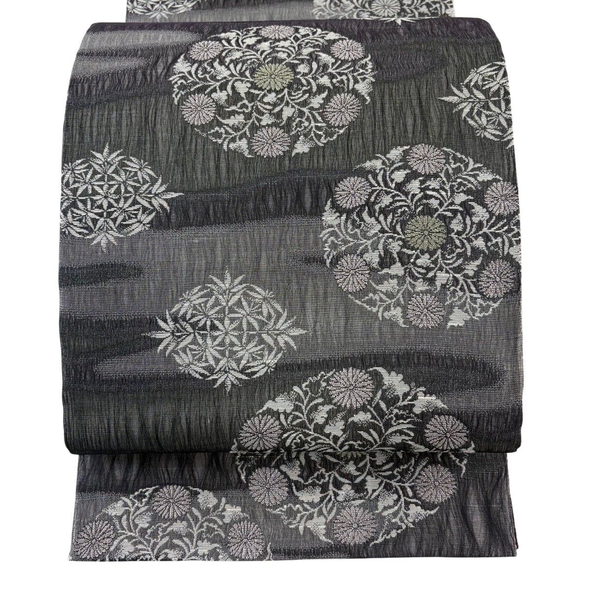 【美品】 袋帯 秀品 草花 霞 銀糸 灰紫 お太鼓柄 正絹 【中古】
