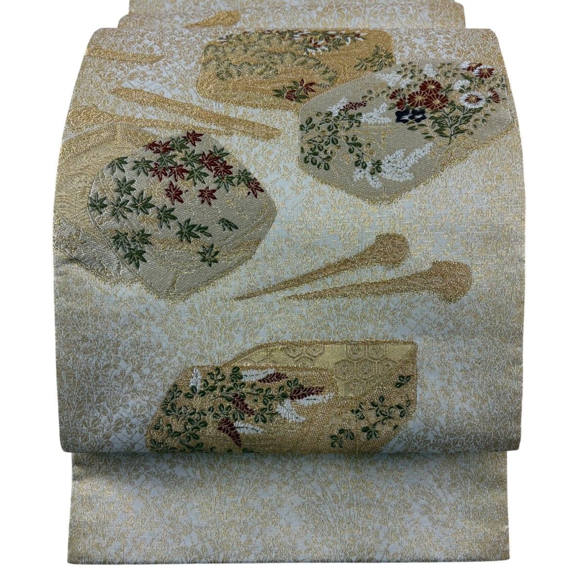 【美品】 袋帯 秀品 文箱 簪 金糸 箔 灰茶 お太鼓柄 正絹 【中古】