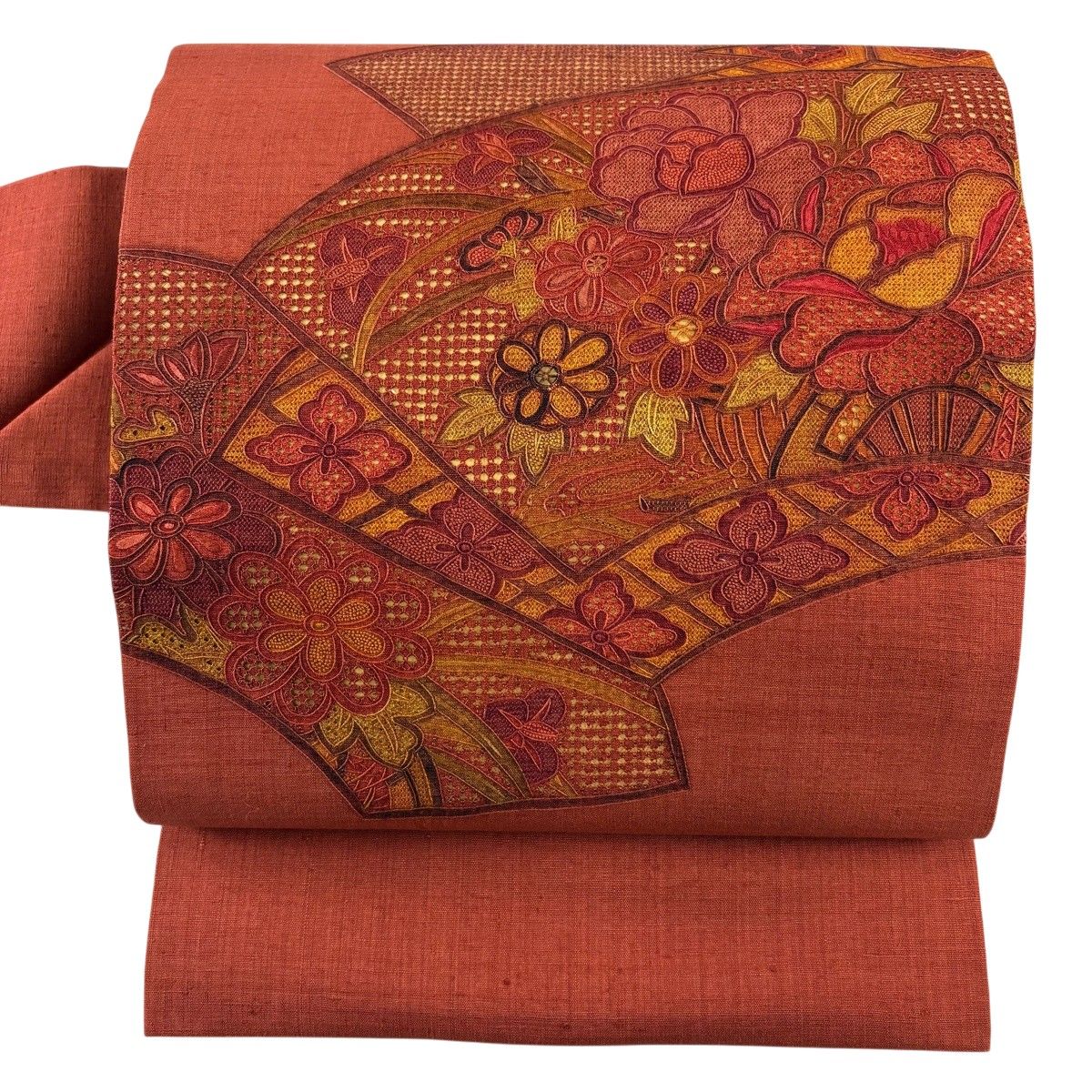 【美品】 名古屋帯 秀品 紬地 扇面 草花 刺繍 赤茶 正絹 【中古】