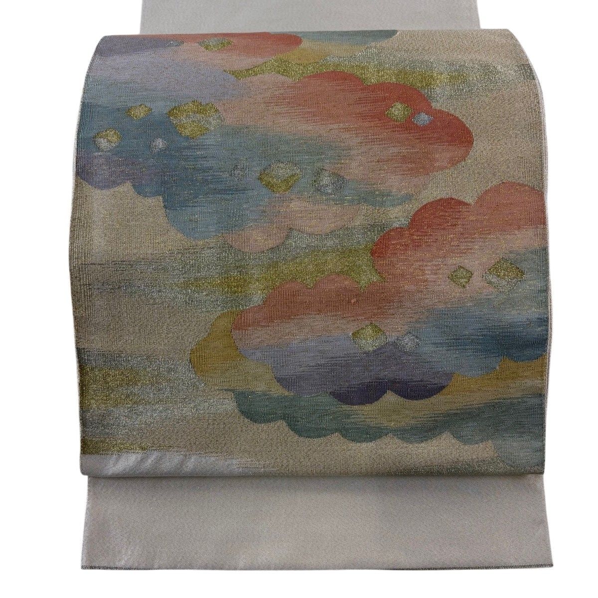 【美品】 袋帯 秀品 雲文 霞 金銀糸 箔 クリーム お太鼓柄 正絹 【中古】