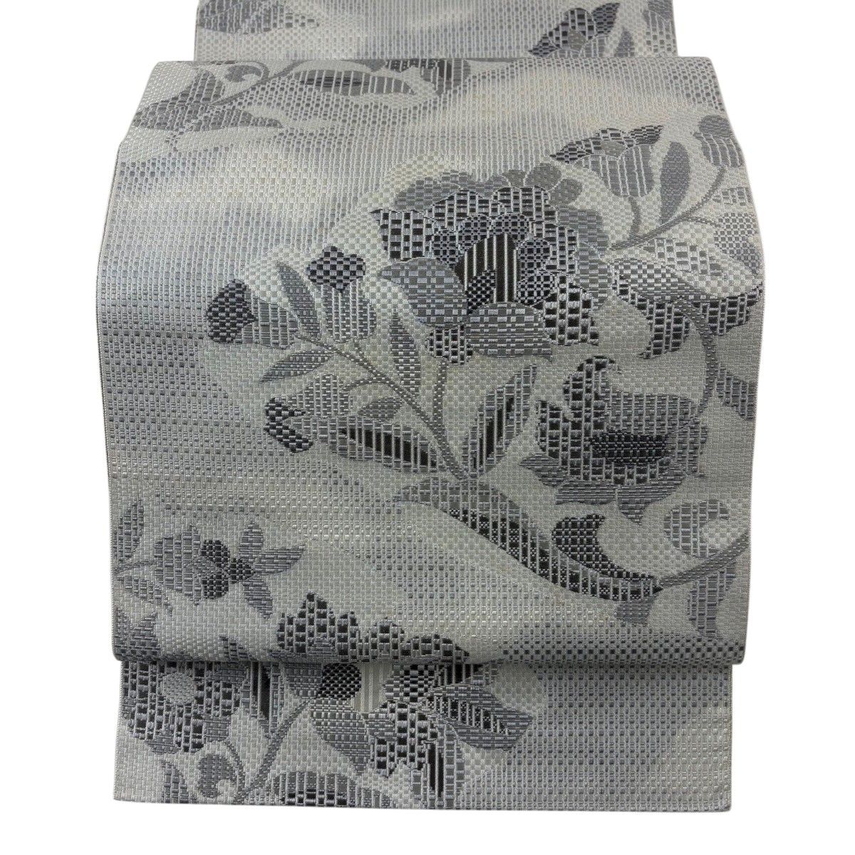 【美品】 名古屋帯 秀品 八寸名古屋帯 松葉仕立て 草花 灰白 正絹 【中古】