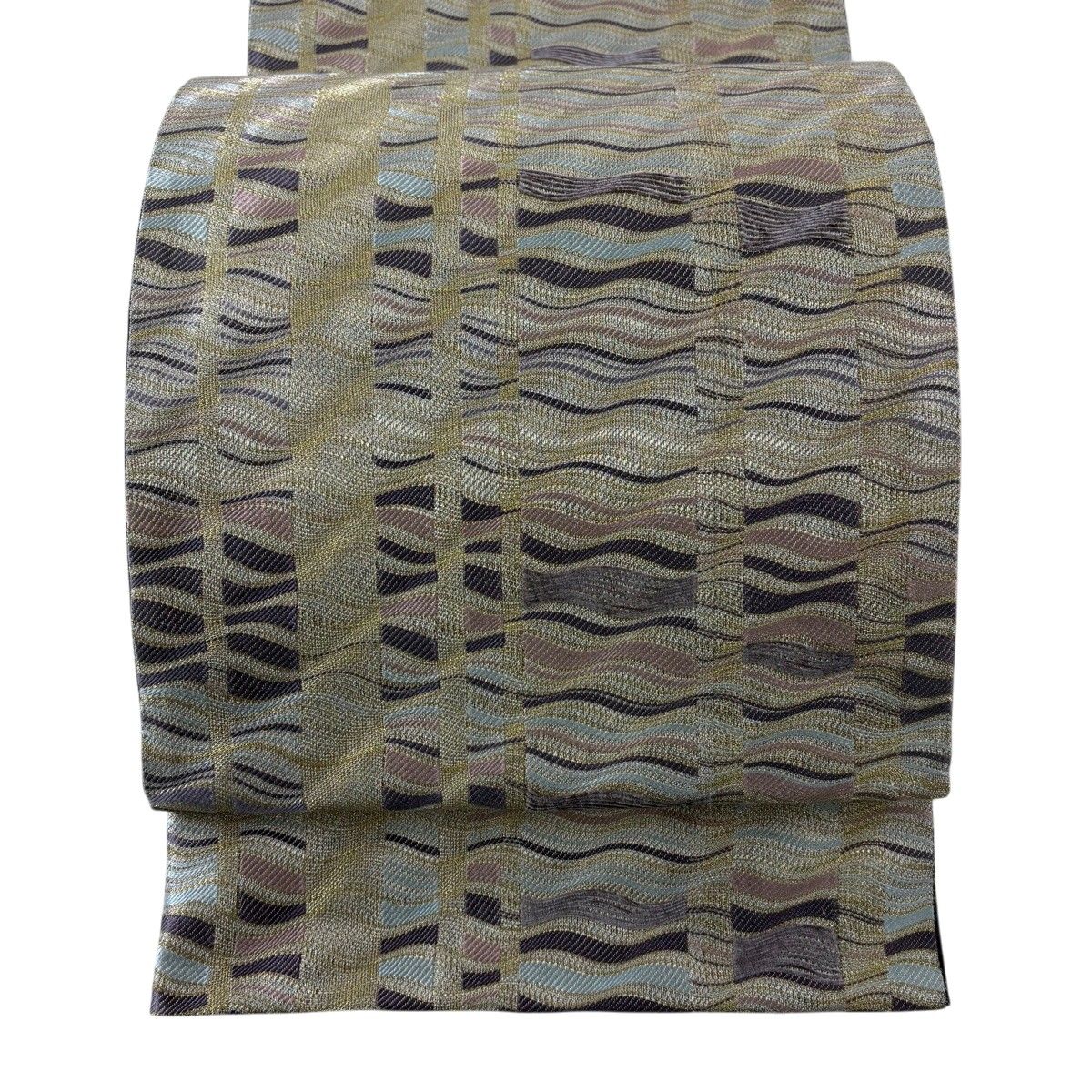 【美品】 袋帯 秀品 縞 幾何学模様 金銀糸 金色 六通 正絹 【中古】