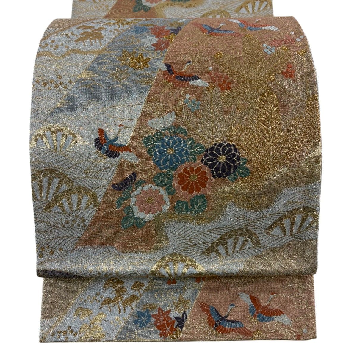【美品】 袋帯 秀品 松 鶴 金糸 箔 ベージュ 六通 正絹 【中古】