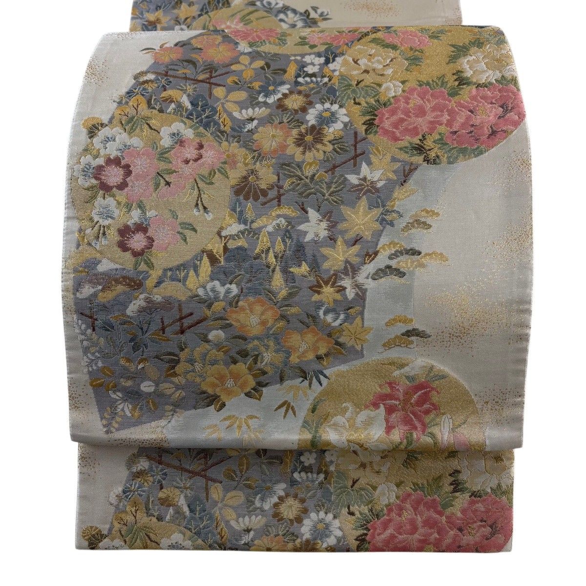 【美品】 袋帯 秀品 草花 松 金糸 箔 ベージュ 六通 正絹 【中古】