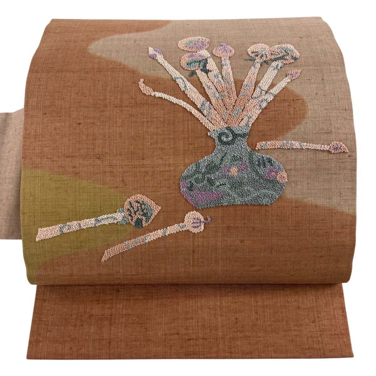 【美品】 名古屋帯 秀品 紬地 花器 花唐草 刺繍 薄茶色 正絹 【中古】