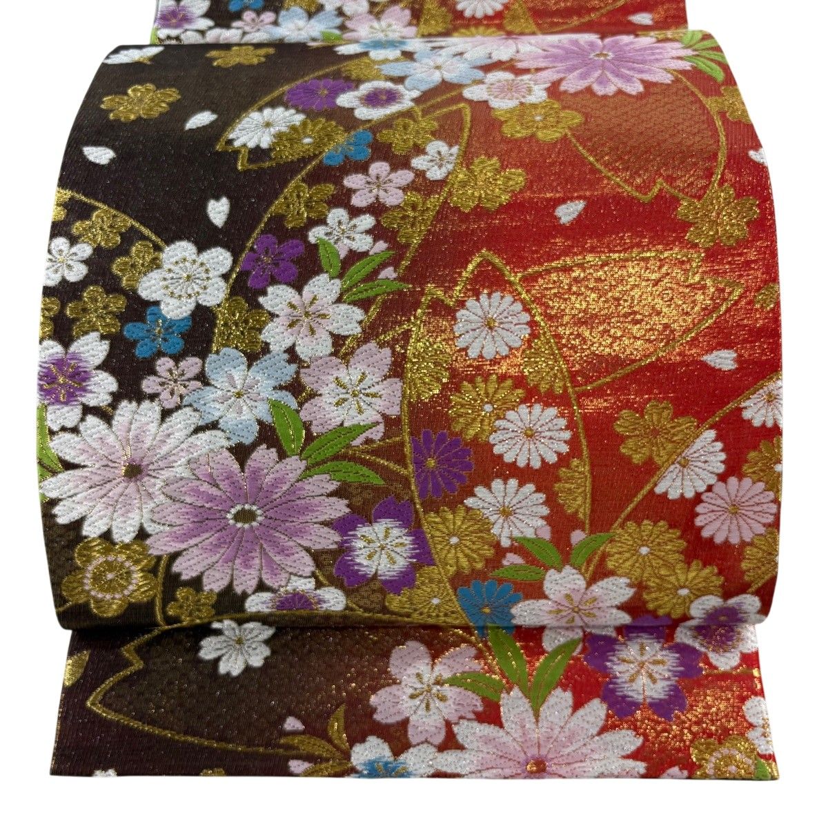 【美品】 袋帯 秀品 桜 草花 唐織 箔 茜色 六通 正絹 【中古】