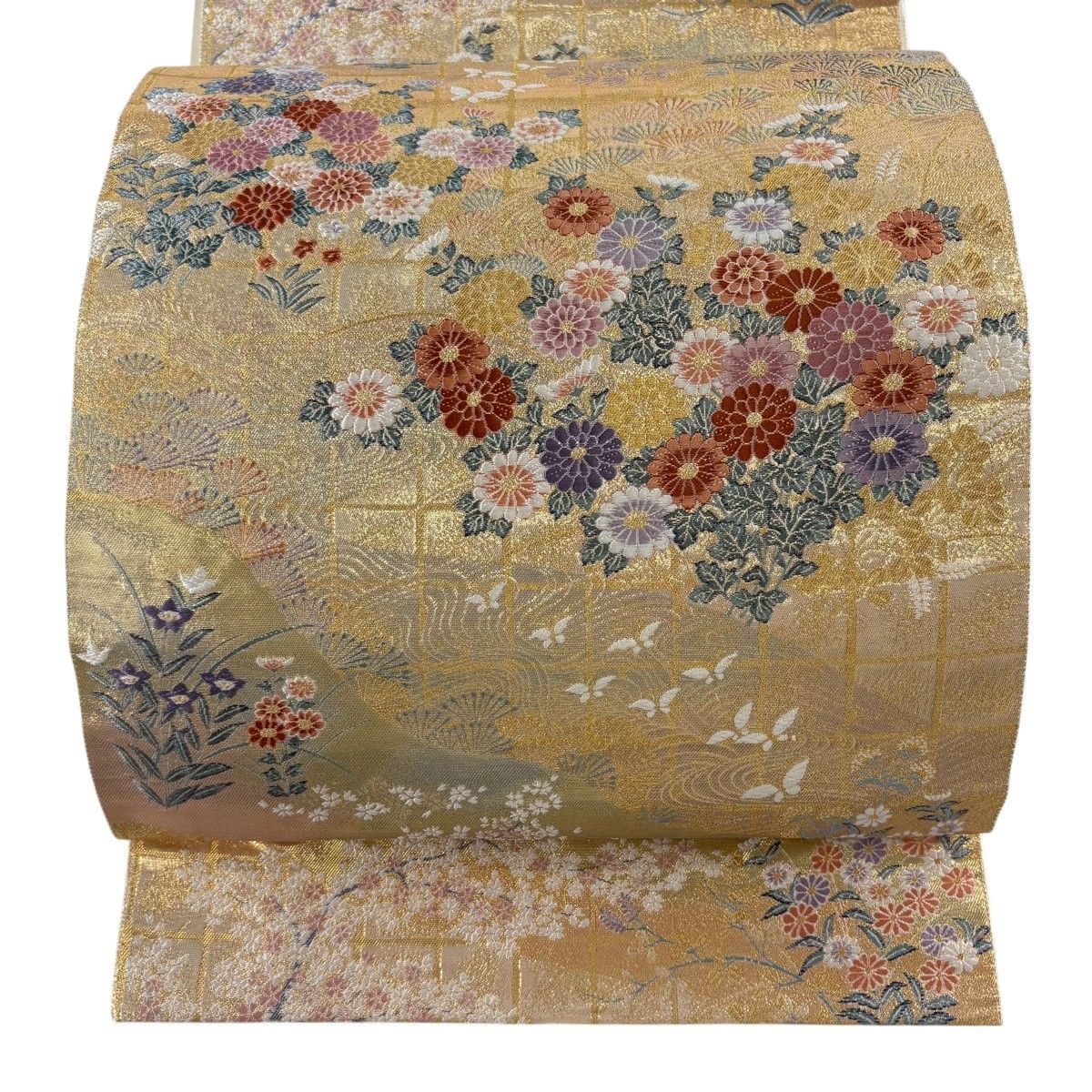 【美品】 袋帯 秀品 草花 蝶 唐織 箔 金色 六通 正絹 【中古】