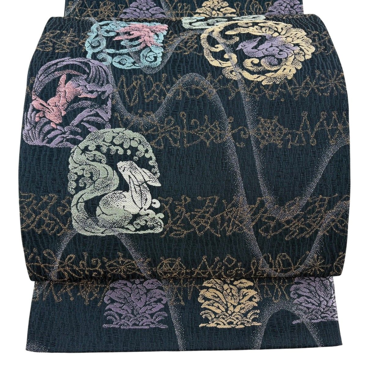 【美品】 袋帯 秀品 今様源氏香 うさぎ 箔 濃紺 六通 正絹 【中古】