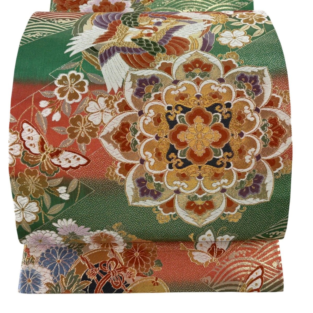 【美品】 袋帯 秀品 華文 鼓 唐織 箔 緑 六通 正絹 【中古】