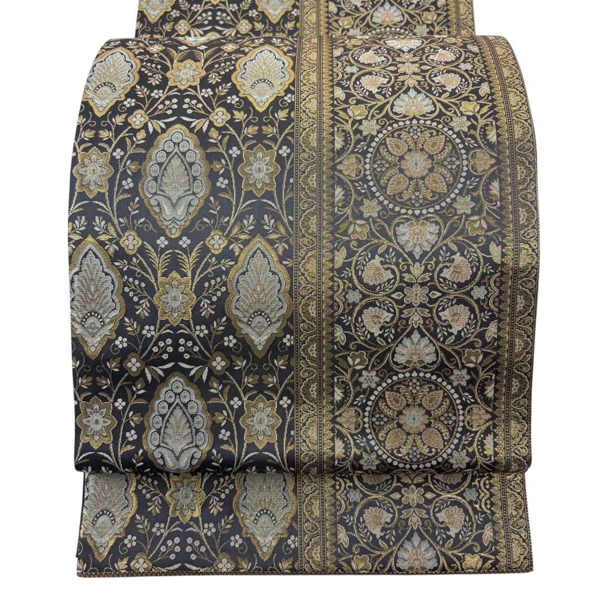 【美品】 袋帯 秀品 草木染 関西仕立て 草花 華文 箔 黒灰 全通 正絹 【中古】