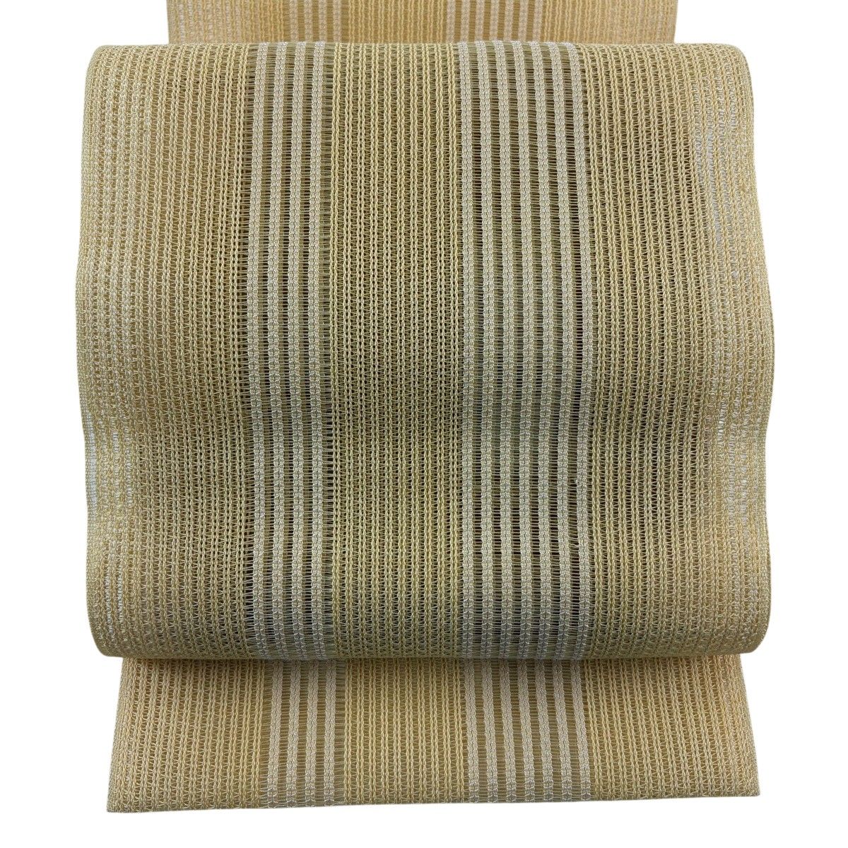名古屋帯 秀品 夏帯 羅 八寸名古屋帯 松葉仕立て トンネル仕立て 縞 山吹色 正絹 【中古】