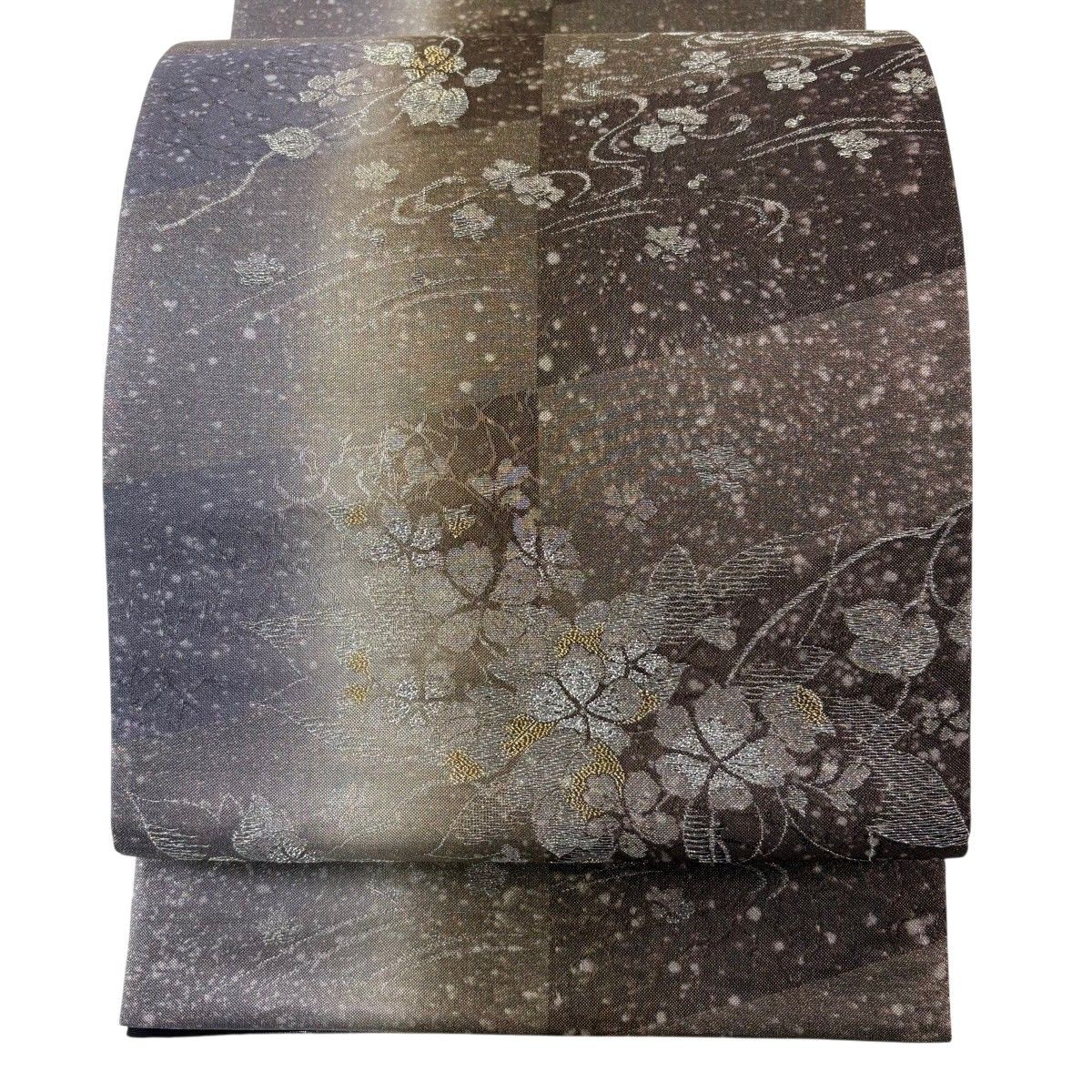 【美品】 袋帯 秀品 草花 流水 金銀糸 箔 焦茶色 六通 正絹 【中古】