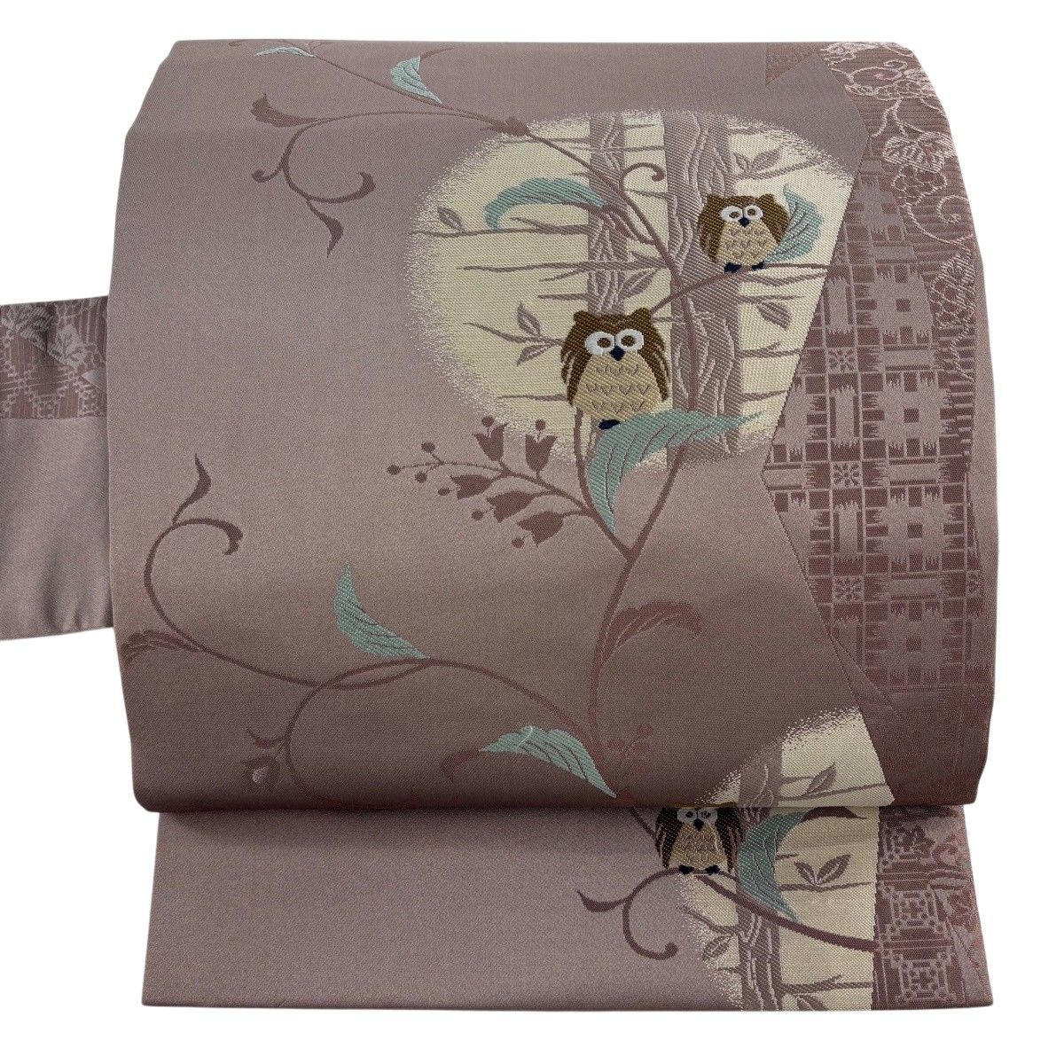 【美品】 名古屋帯 名品 ミミズク 花唐草 小豆色 正絹 【中古】