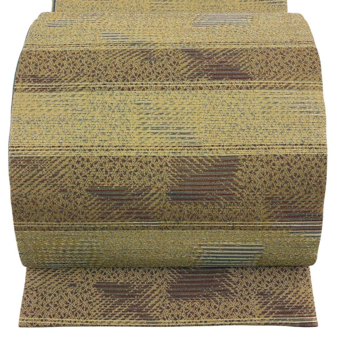 【美品】 袋帯 名品 段縞 箔 茶色 全通 正絹 【中古】
