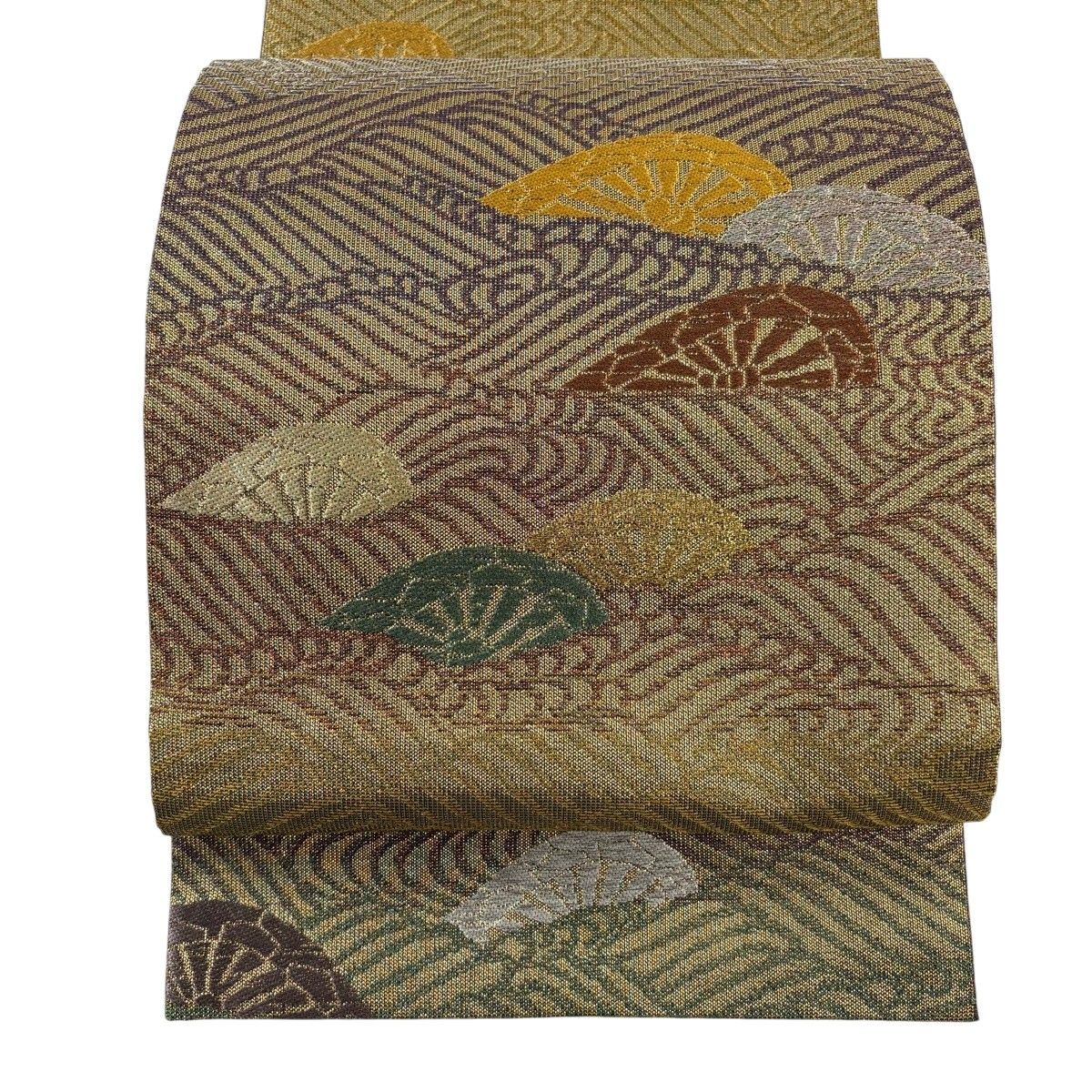 【美品】 袋帯 名品 片輪車 波 金銀糸 茶緑色 お太鼓柄 正絹 【中古】