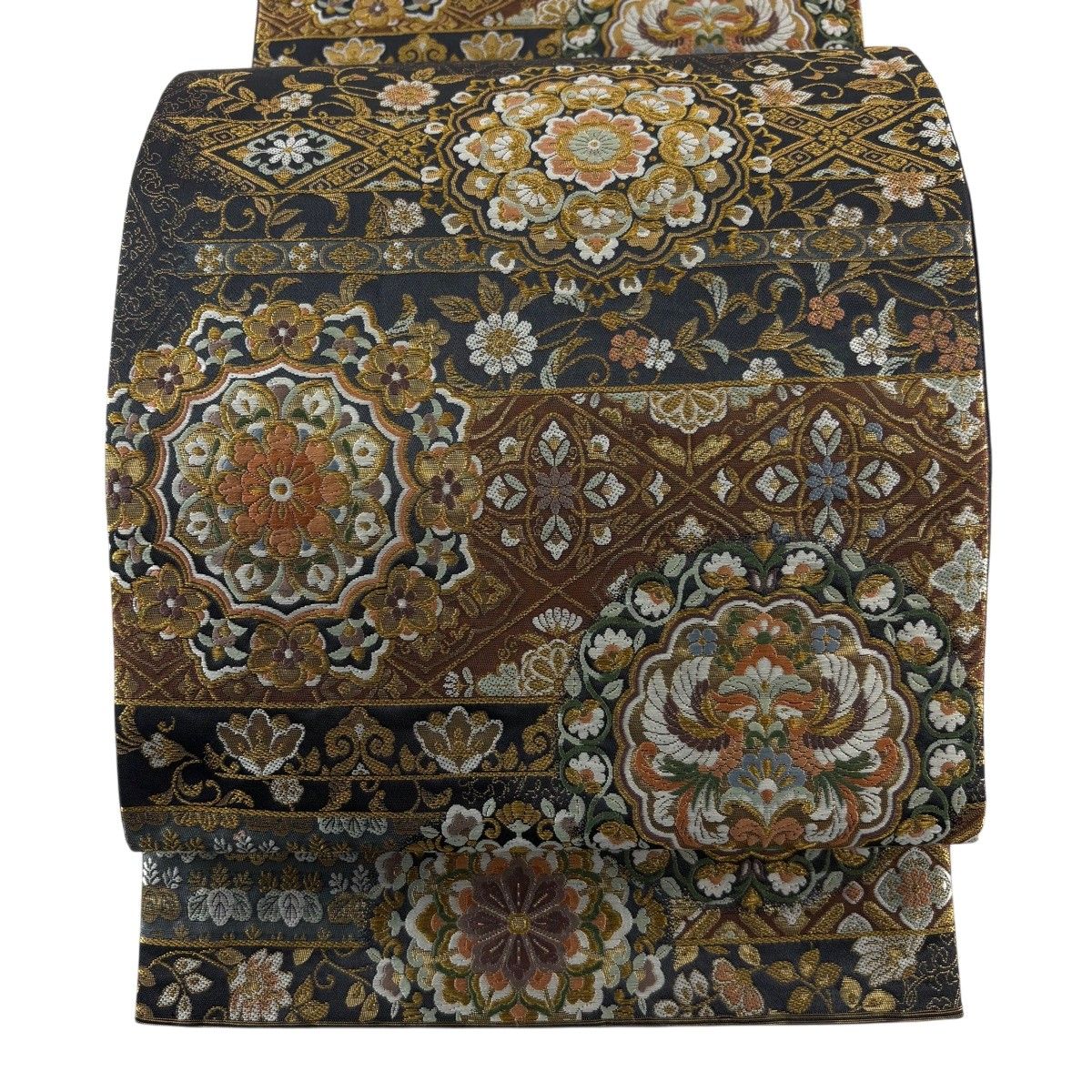 【美品】 袋帯 名品 華文 花鳥 唐織 金糸 灰紫 六通 正絹 【中古】