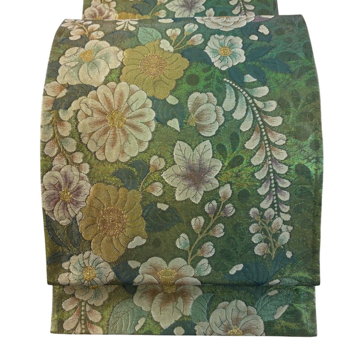 【美品】 袋帯 名品 辻が花柄 金糸 箔 薄緑 六通 正絹 【中古】