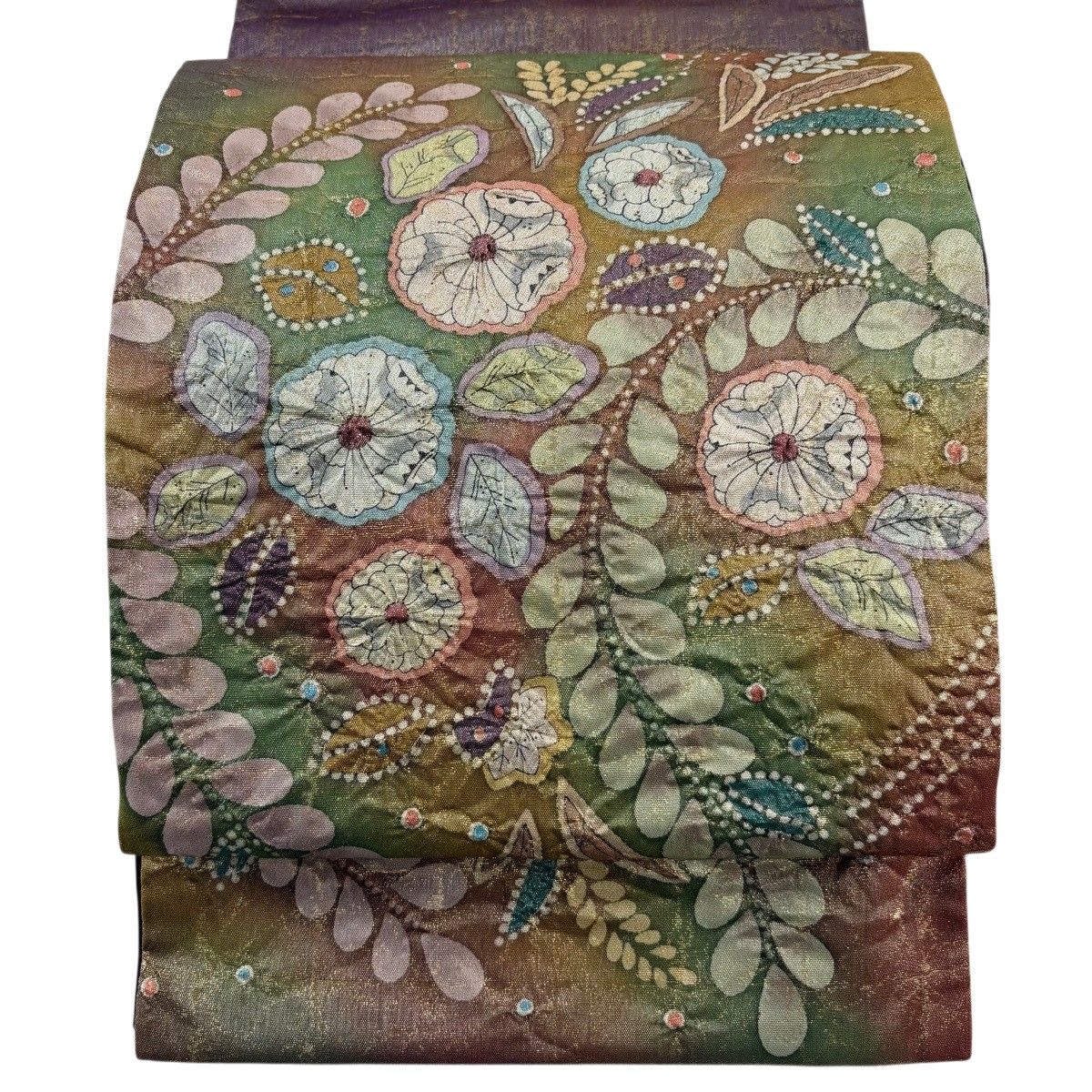【美品】 袋帯 名品 落款 辻が花 格子 銀糸 箔 茶緑色 お太鼓柄 正絹 【中古】 12,324円