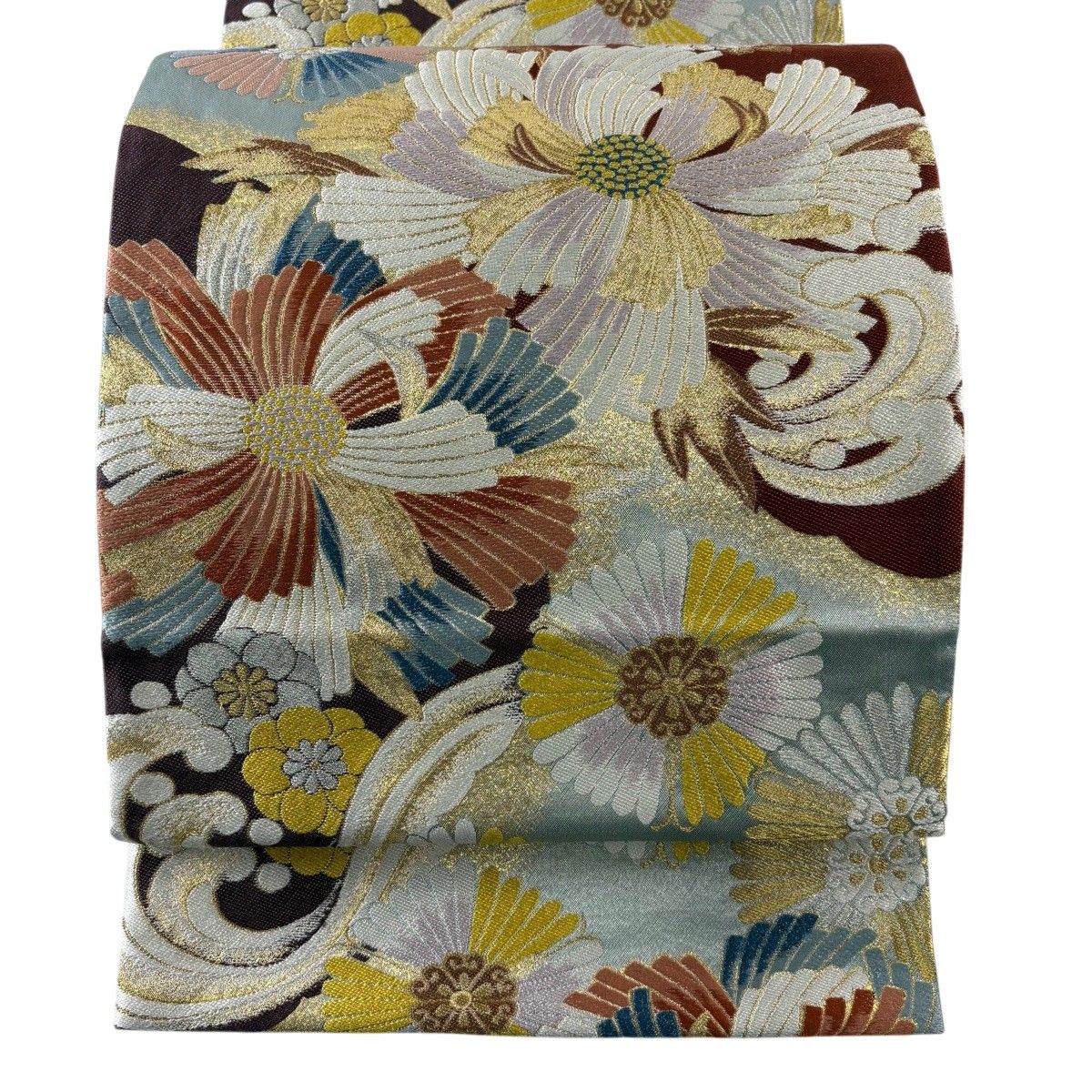 【美品】 袋帯 名品 菊清風文 振袖向き 草花 波頭 金銀糸 箔 赤茶 六通 正絹 【中古】